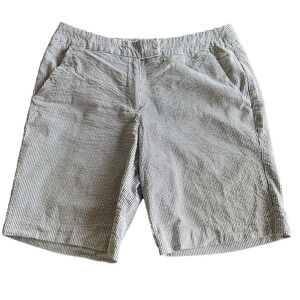 British Khaki Blue and White Seersucker Cotton Bermuda Shorts, Size 8